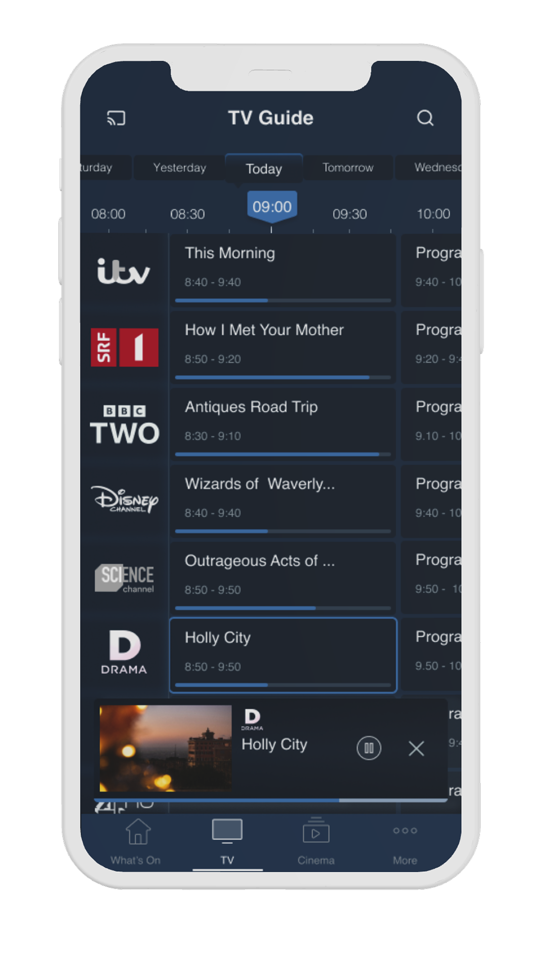 Mobile EPG with visual progress line showing currently airing programme